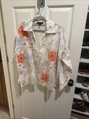 Floral V-Neck Long Sleeve Blouse — Cream with Orange & Pink Flowers